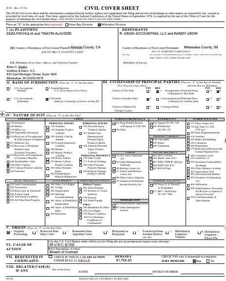 Civil Cover Sheet - Wisconsin Civil Law Legal Document - Attorney Docs