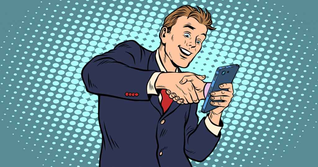 Cartoon Graphic- Man Shaking Hands With Smartphone | law Service on the go