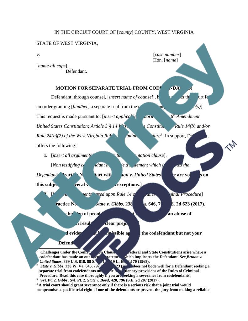 Motion for Separate Trials (Felony) – West Virginia Legal Document