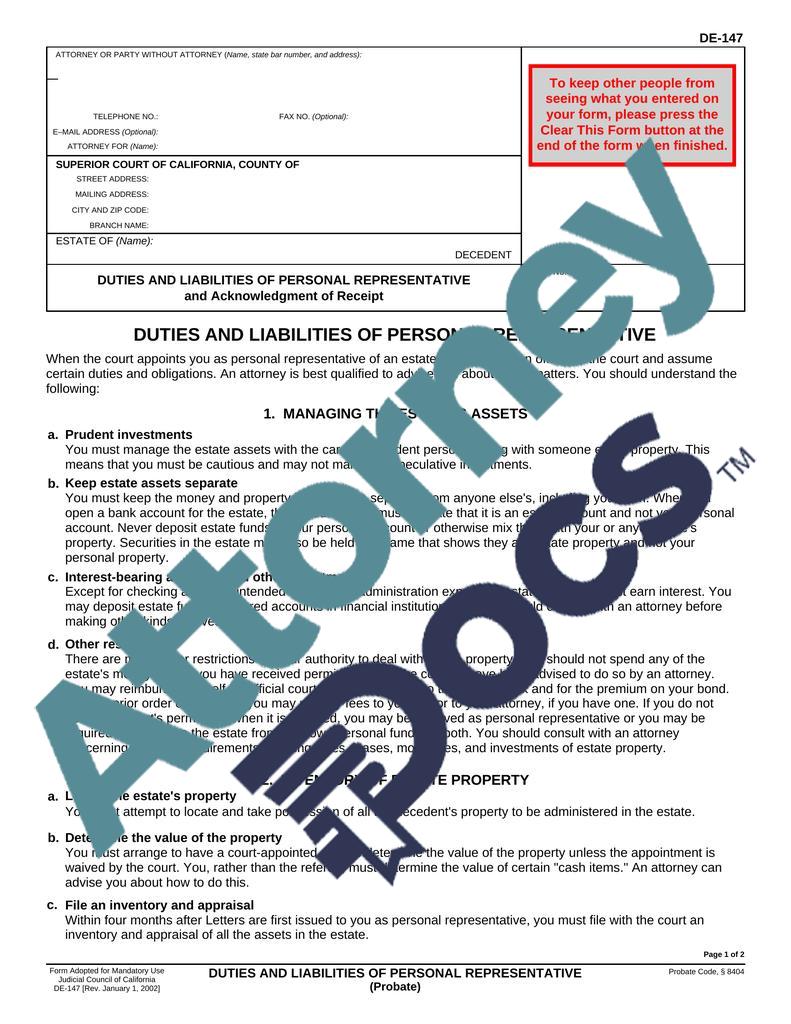 Duties and Liabilities of Personal Representative – California