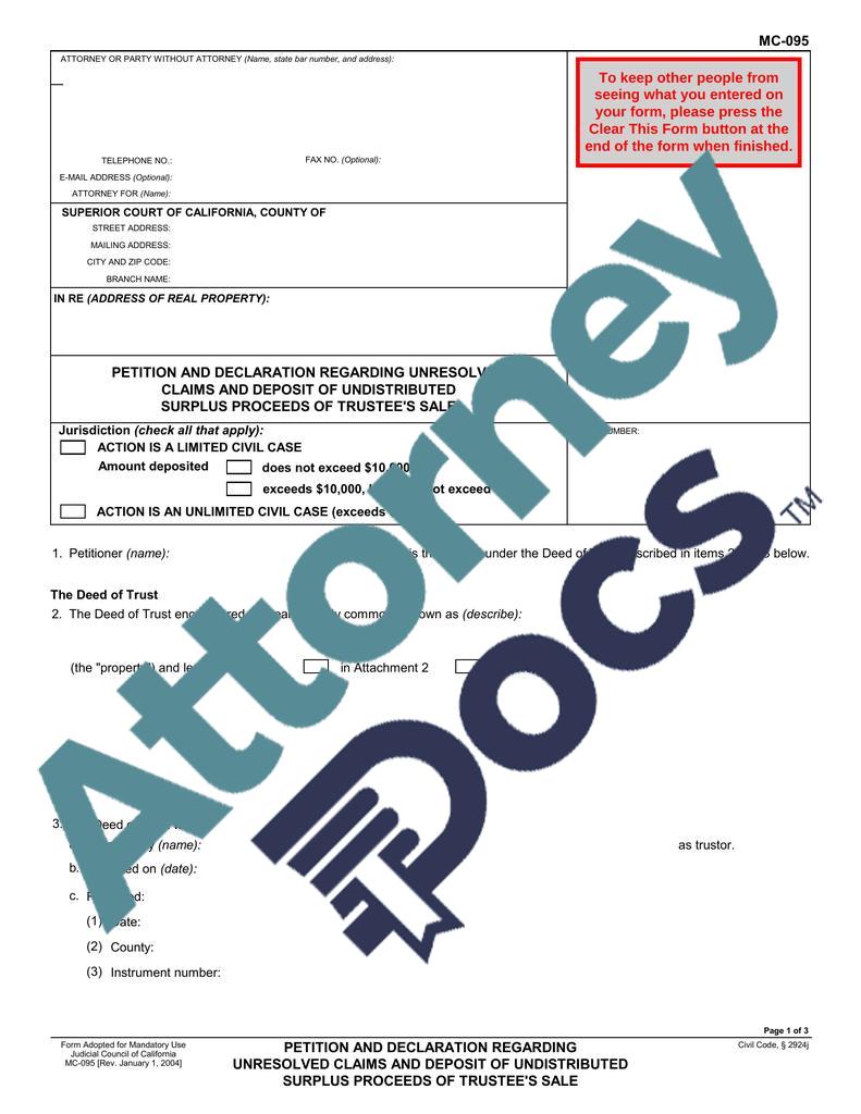 Petition and Declaration Regarding Unresolved Claims and Deposit of Undistributed Surplus Proceeds of Trustee’s Sale