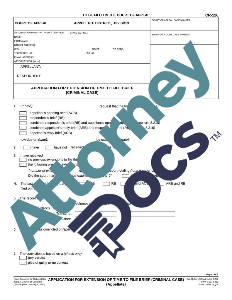 Application for Extension of Time to File Brief (Criminal Case)