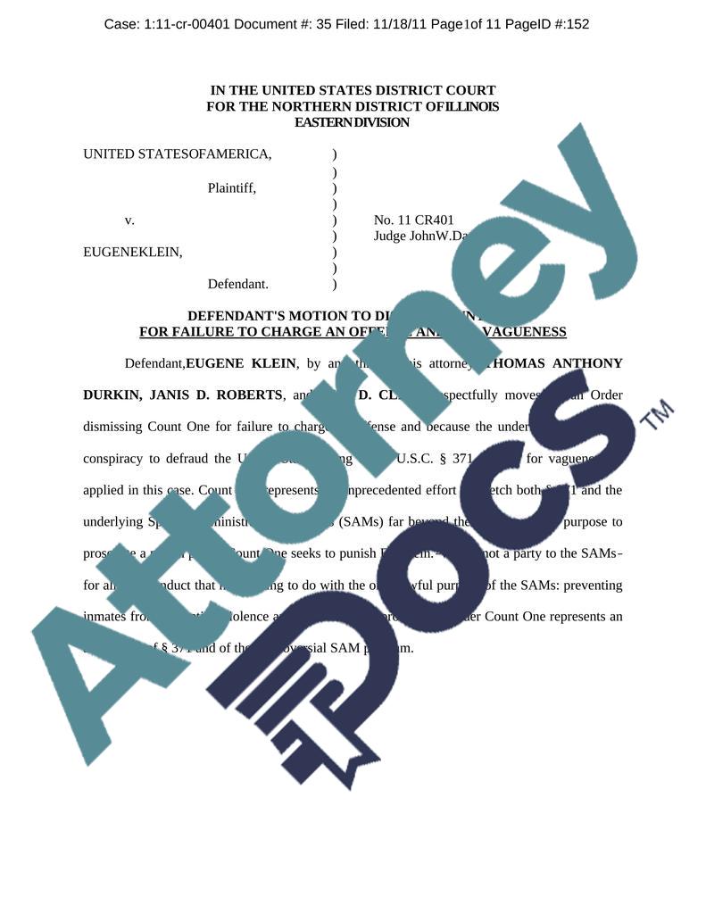 Motion to Dismiss Count One for Failure to Charge an Offense and For Vagueness – US v Klein