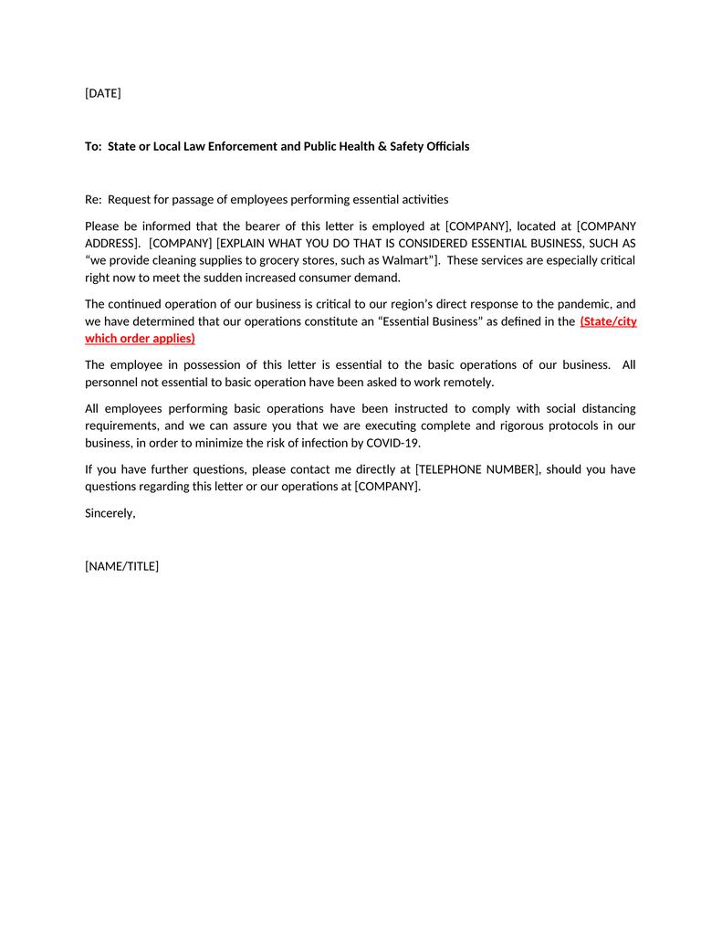 Essential Business Letter For Employees To Work During COVID-19 ...
