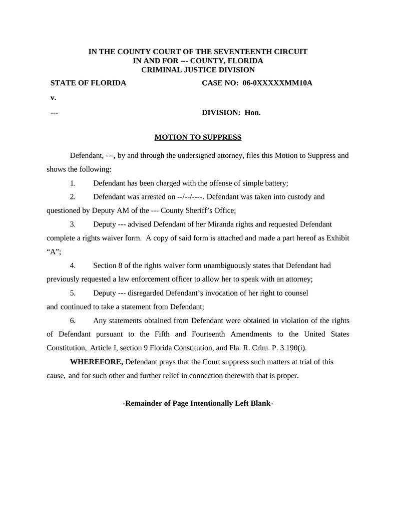 Motion to Suppress Statements - Florida - Attorney Docs
