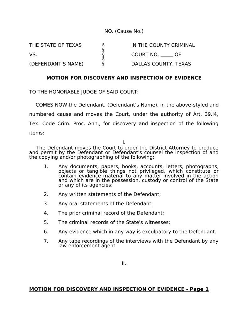 Texas Motion For Discovery Template