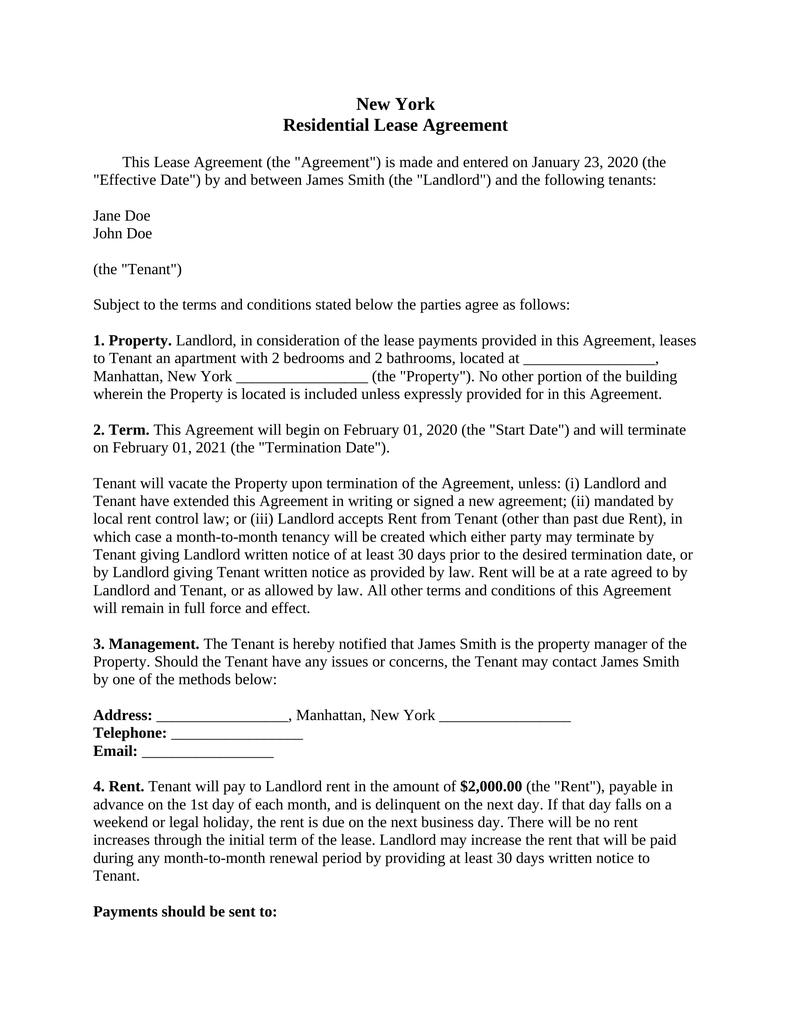 Residential Lease Agreement-Landlord and Tenant-New York - Attorney Docs