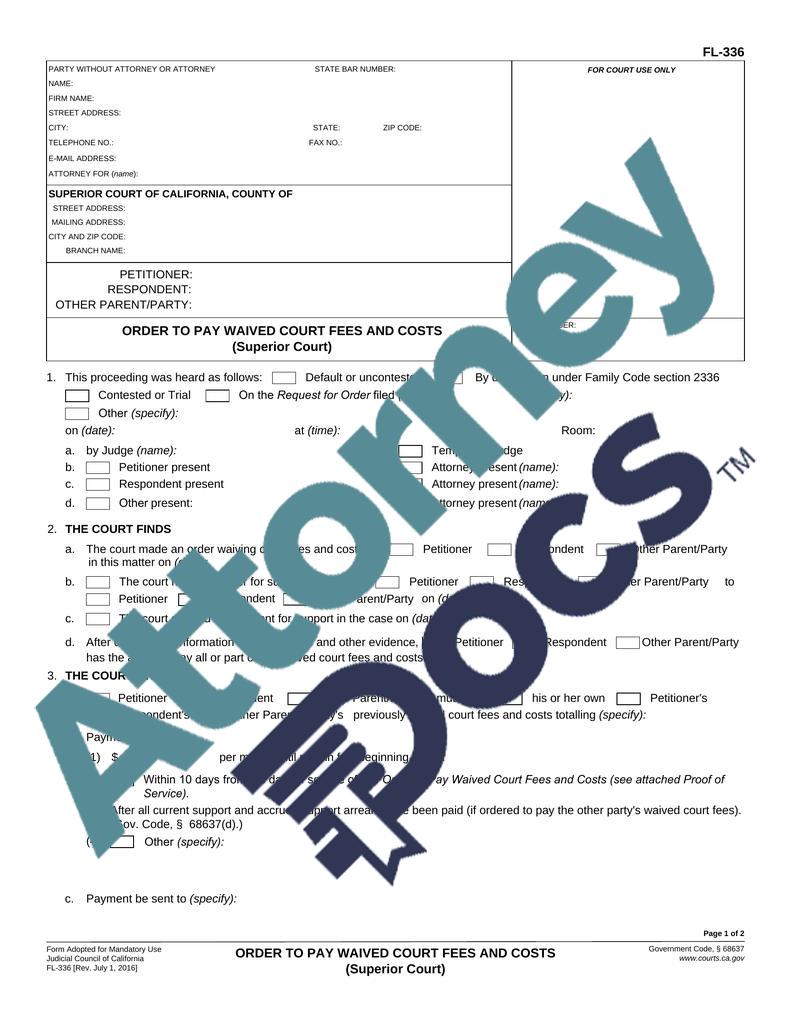 Order to Pay Waived Court Fees and Costs (Superior Court) Attorney Docs