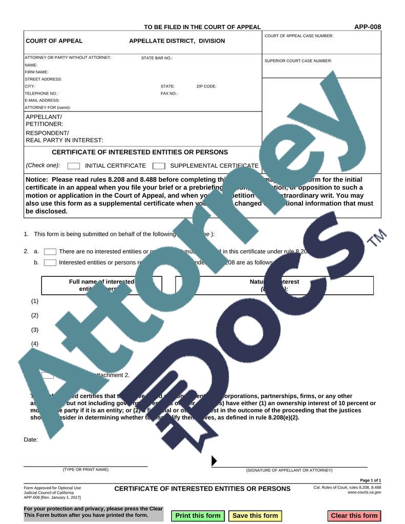 Certificate of Interested Entities or Persons Attorney Docs