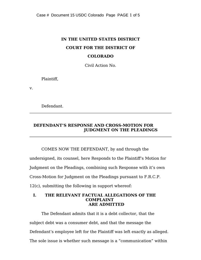 Defendant s response cross motion for judgment on the pleadings
