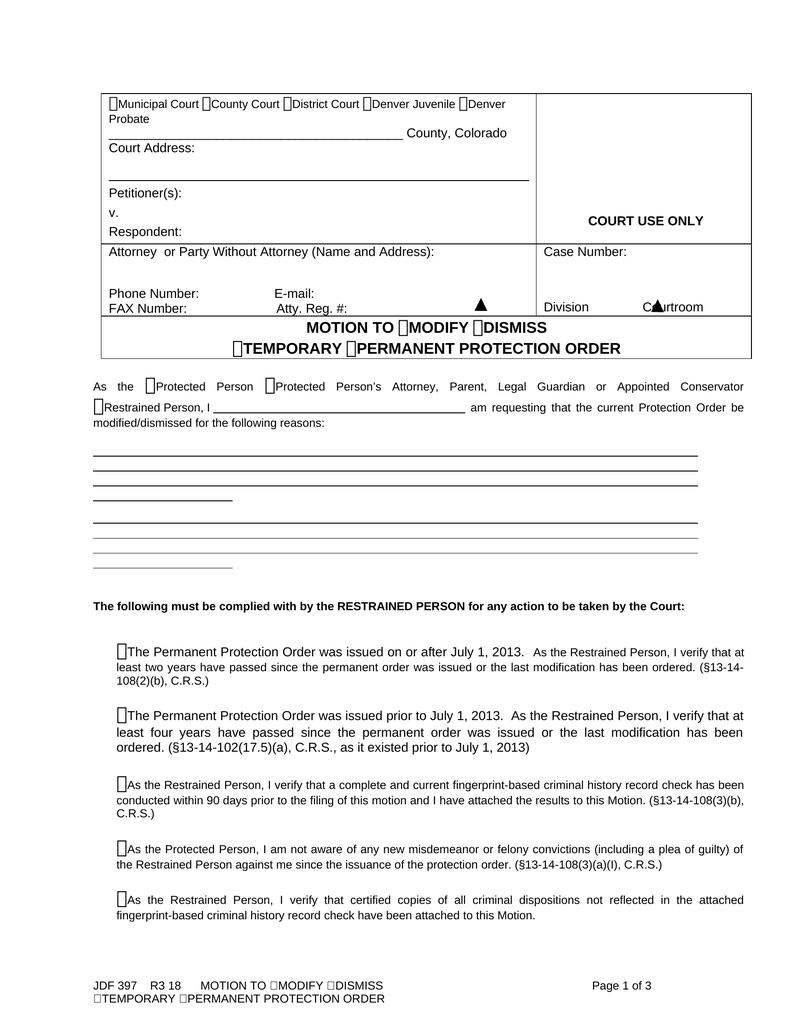 Form for Motion to remove a protection order - Attorney Docs