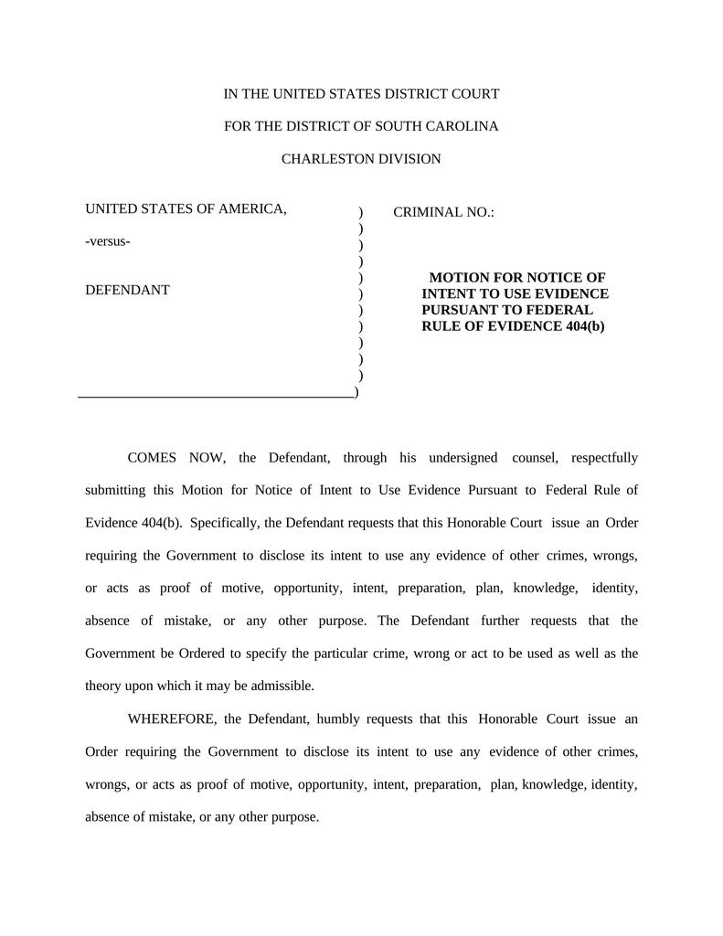 MOTION FOR NOTICE OF INTENT TO USE EVIDENCE PURSUANT TO FEDERAL RULE OF ...