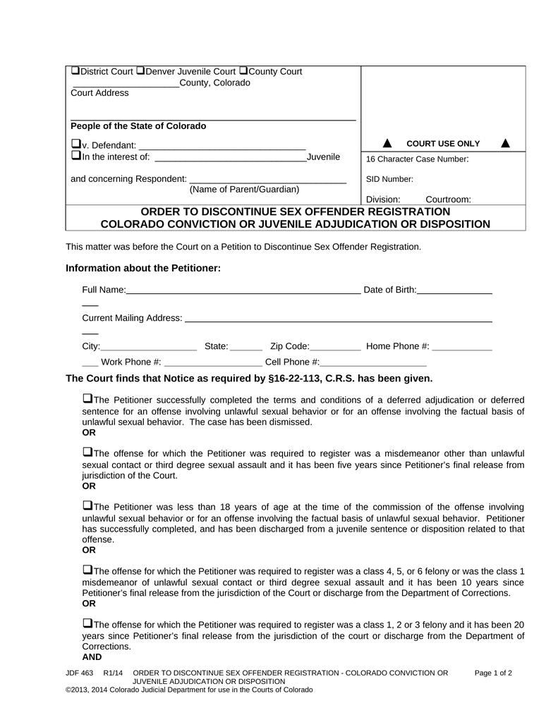Jdf 463 Order To Discontinue Sex Offender Registration Colorado Conviction Or Juvenile 7723