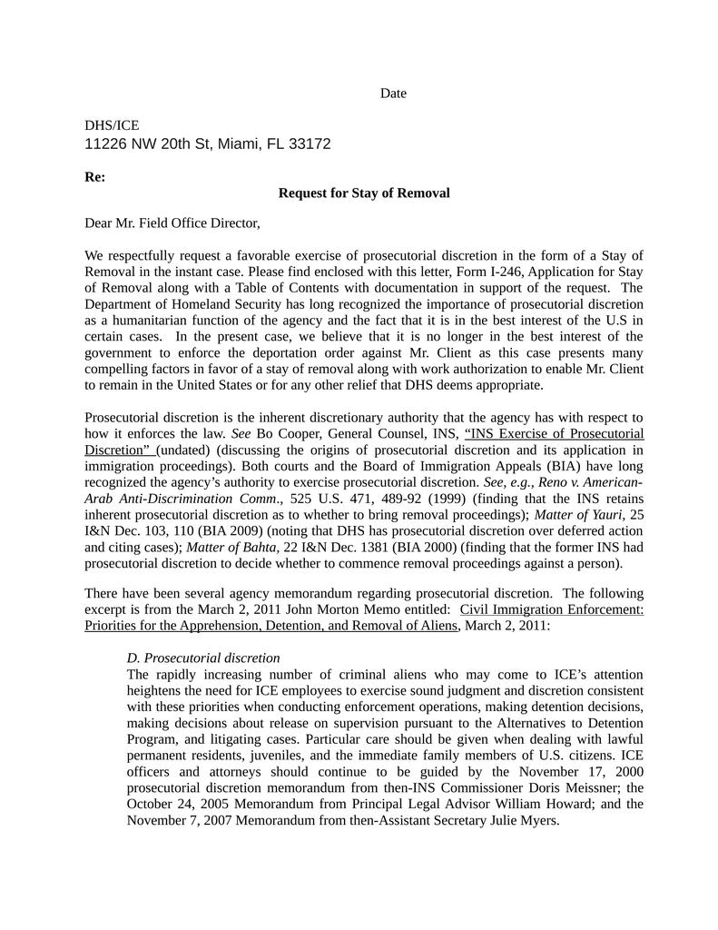 Letter to ICE requesting stay of removal - Attorney Docs