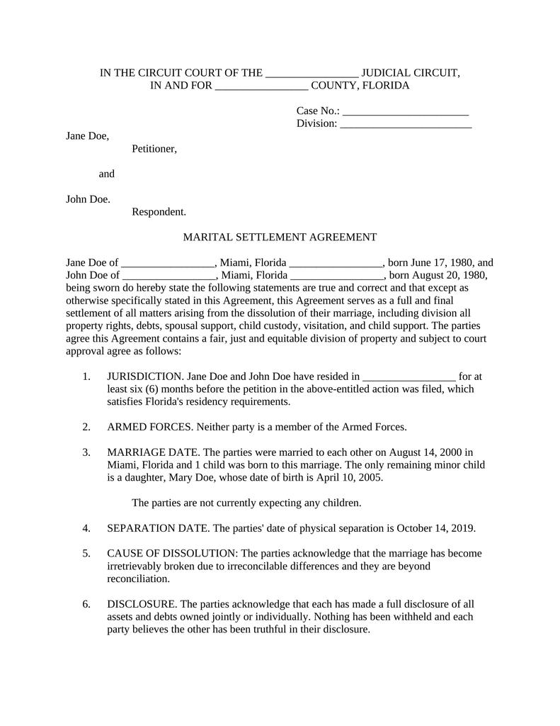 Divorce Settlement Agreement Florida Attorney Docs