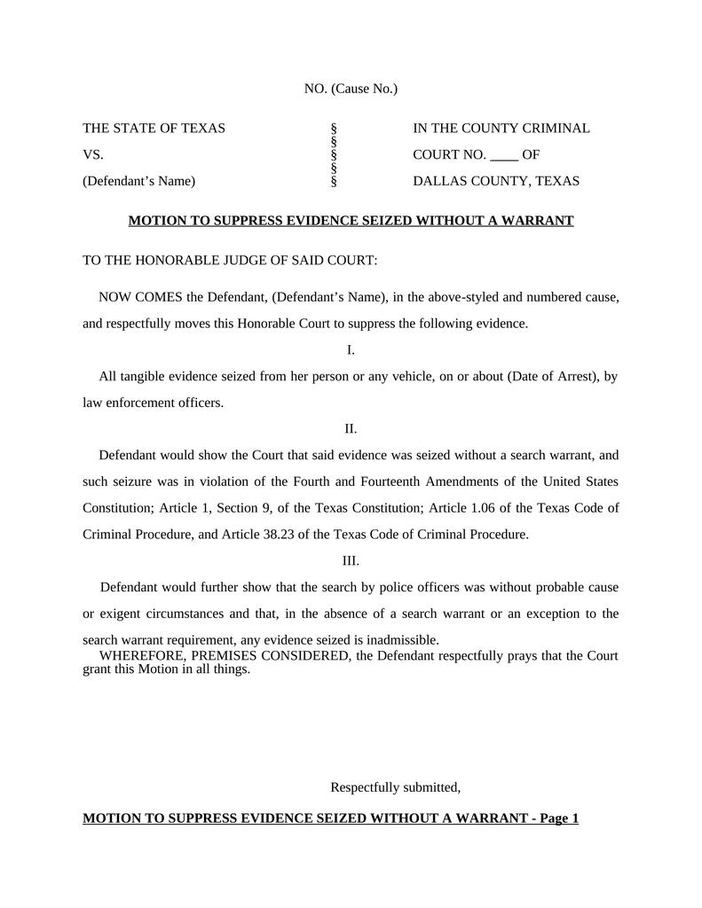 MOTION TO SUPPRESS EVIDENCE SEIZED WITHOUT A WARRANT Attorney Docs