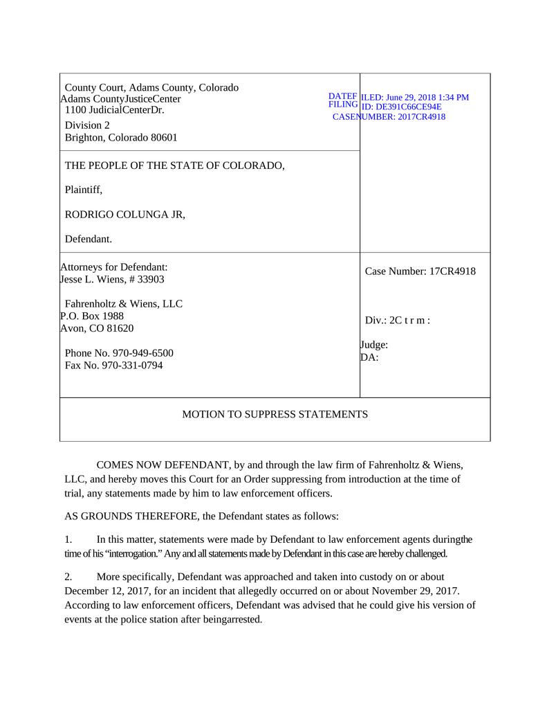 Motion To Suppress Statement Criminal Defense Case File Attorney Docs