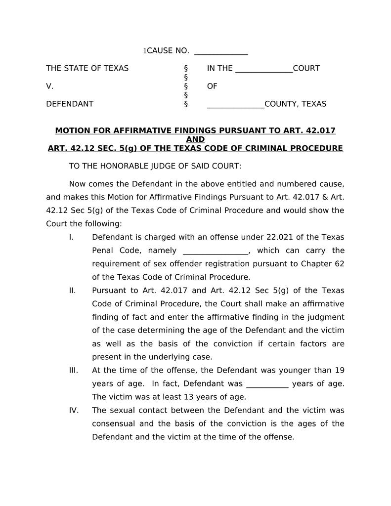 Motion for Affirmative Findings Pursuant to the Texas Code of Criminal