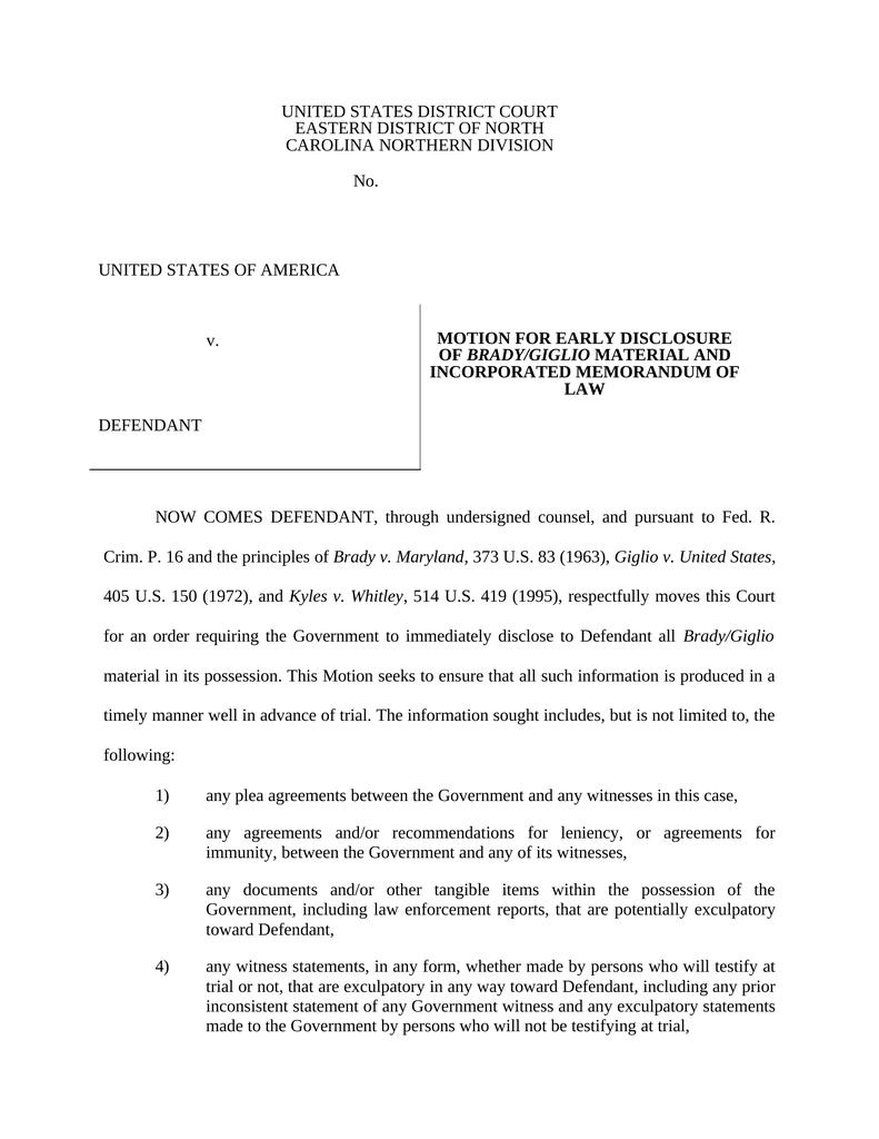 Motion for Early Disclosure of Brady/Giglio Material and Incorporated ...