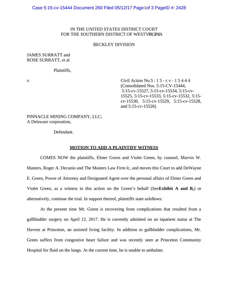 Motion to Add Witness - West Virginia Civil Law Case File - Attorney Docs