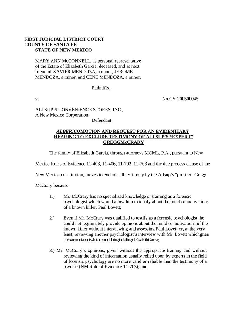 Alberico Motion And Request For An Evidentiary Hearing To Exclude ...