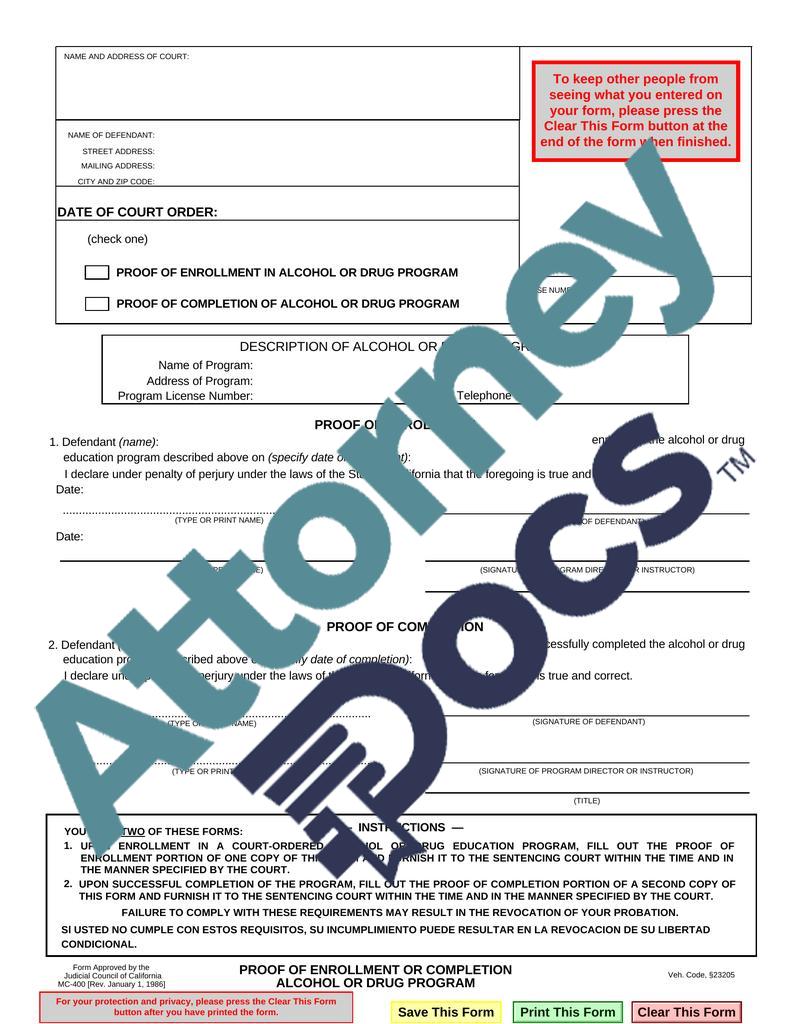 Proof of Enrollment or Completion (Alcohol or Drug Program) Attorney Docs