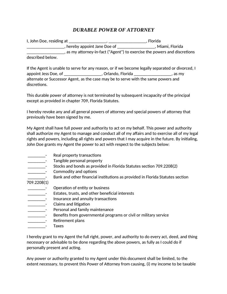 durable power of attorney form florida free download