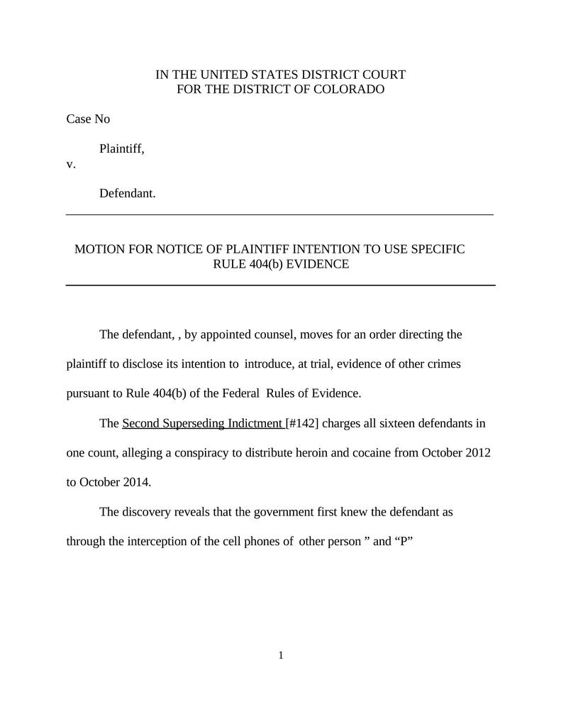 Motion For Notice Of Plaintiff Intention To Use Specific Rule 404(b ...