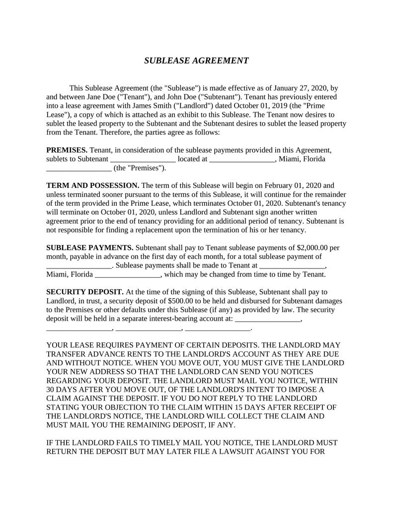 Sublease Agreement-Landlord and Tenant-Florida - Attorney Docs