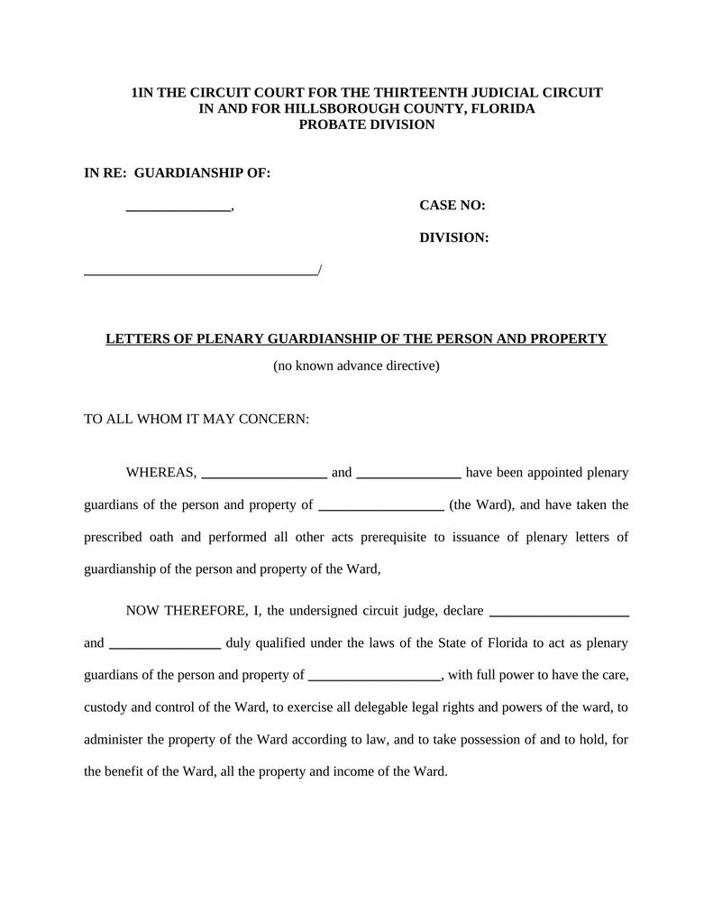 Letter of Plenary Guardianship of the Person; Property no known advance ...