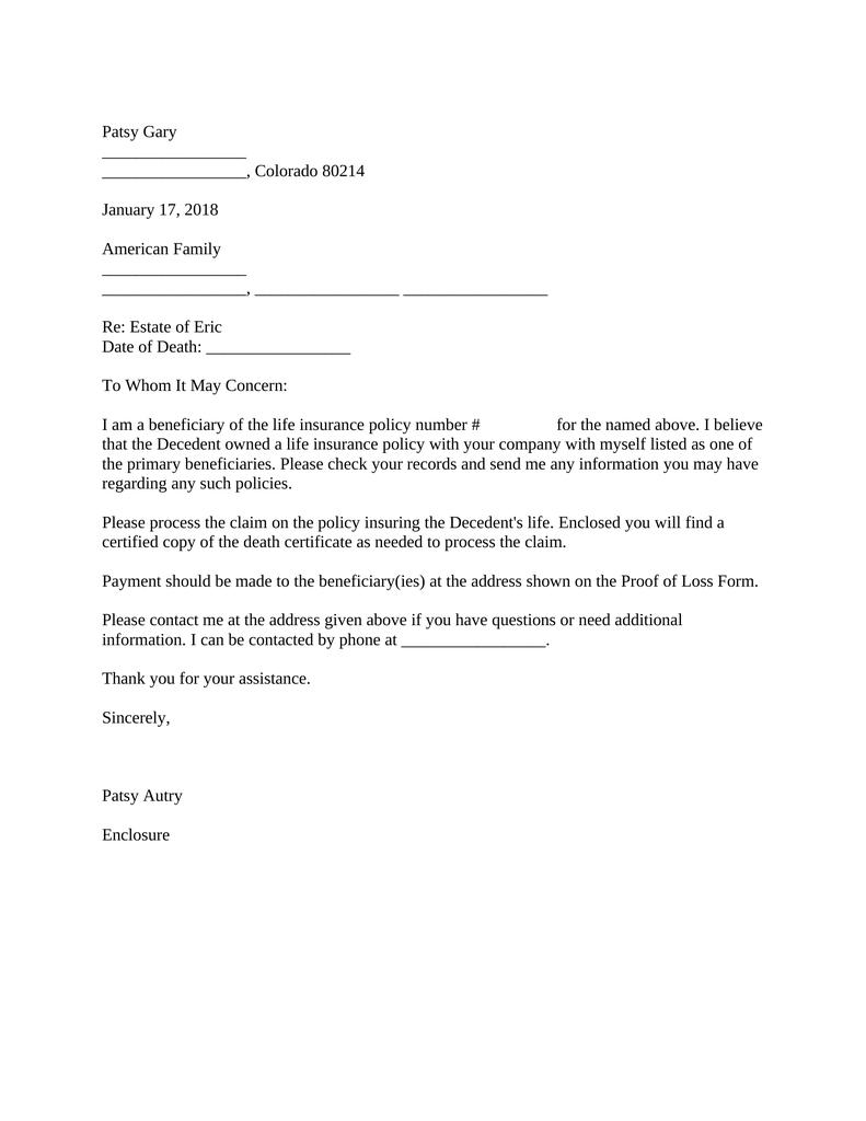 Sample Letter To Insurance Company For Life Insurance Claim