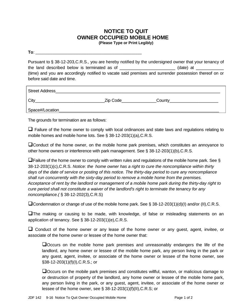 Notice to Quit Owner Occupied Mobile Home-Landlord and Tenant ...