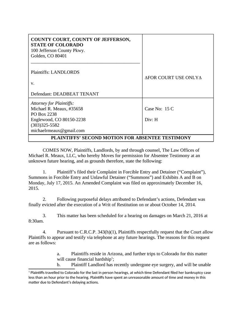 Motion for Absentee Testimony - Landlord Tenant - Attorney Docs