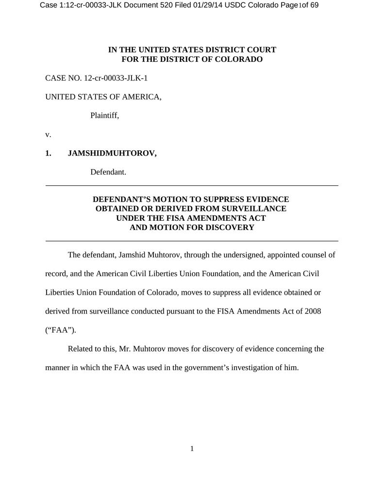 Motion To Suppress Evidence Obtained From Surveillance Under Fisa