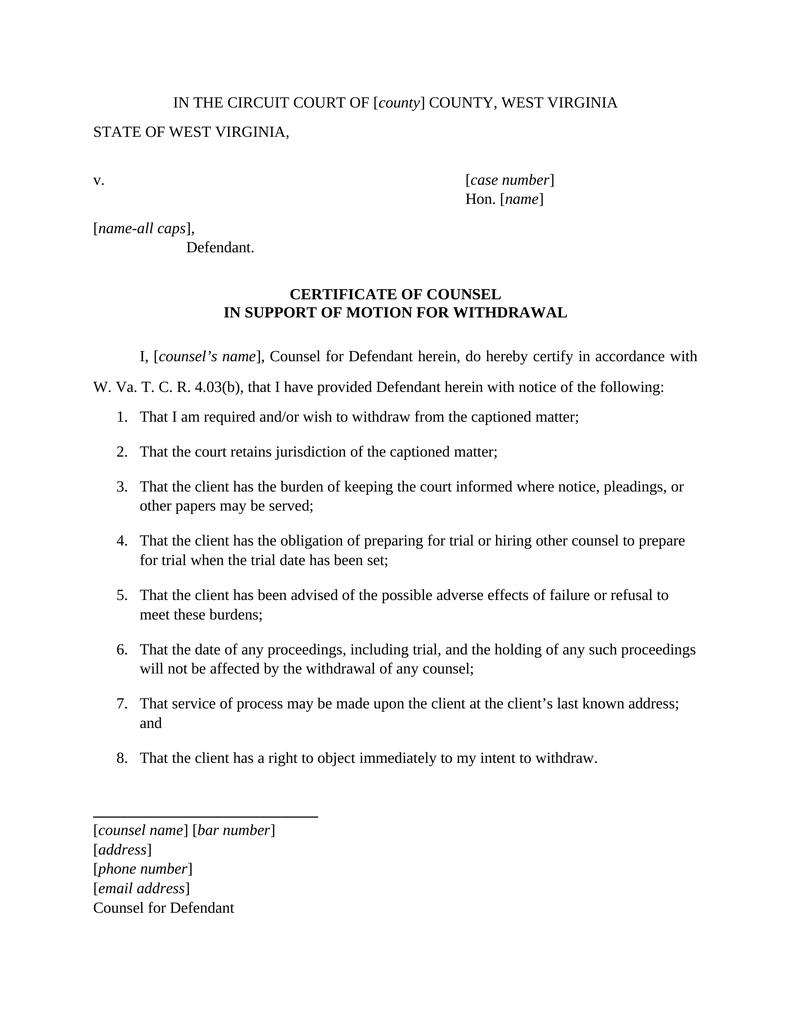 Certificate of Counsel in Support of Motion for Withdrawal - West ...