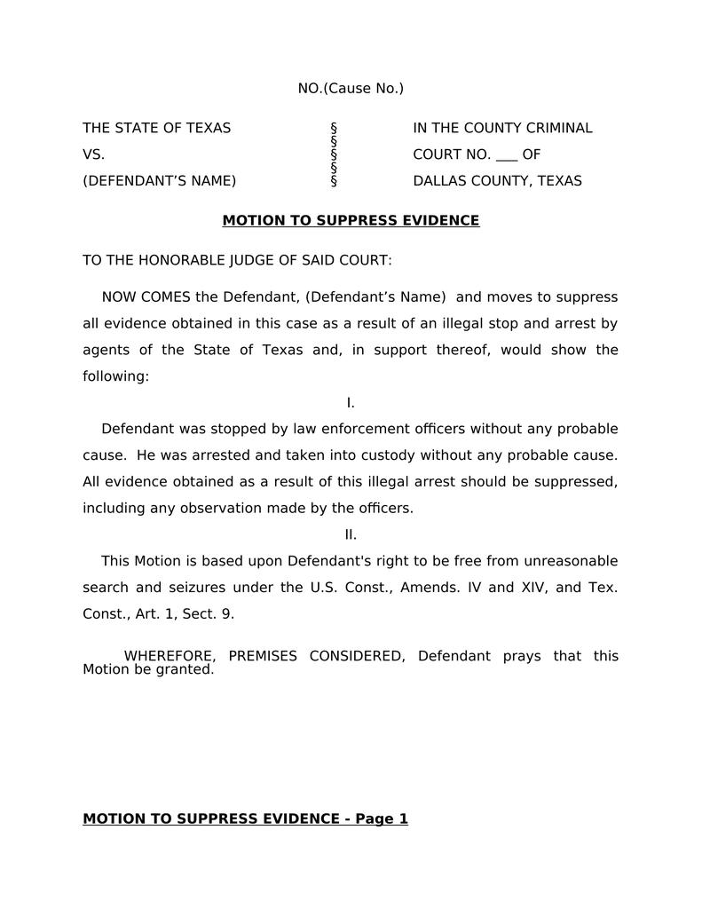 MOTION TO SUPPRESS EVIDENCE Attorney Docs