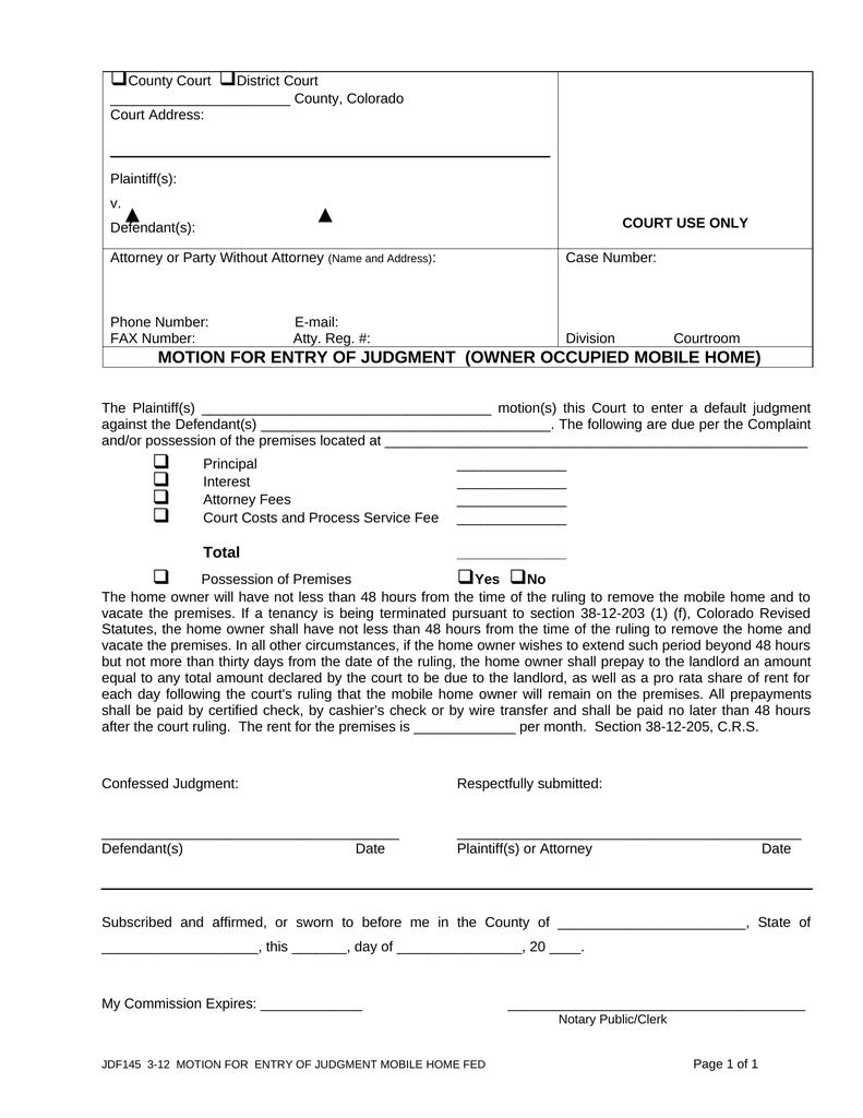 Motion for entry of judgment mobile home landlord and tenant attorney