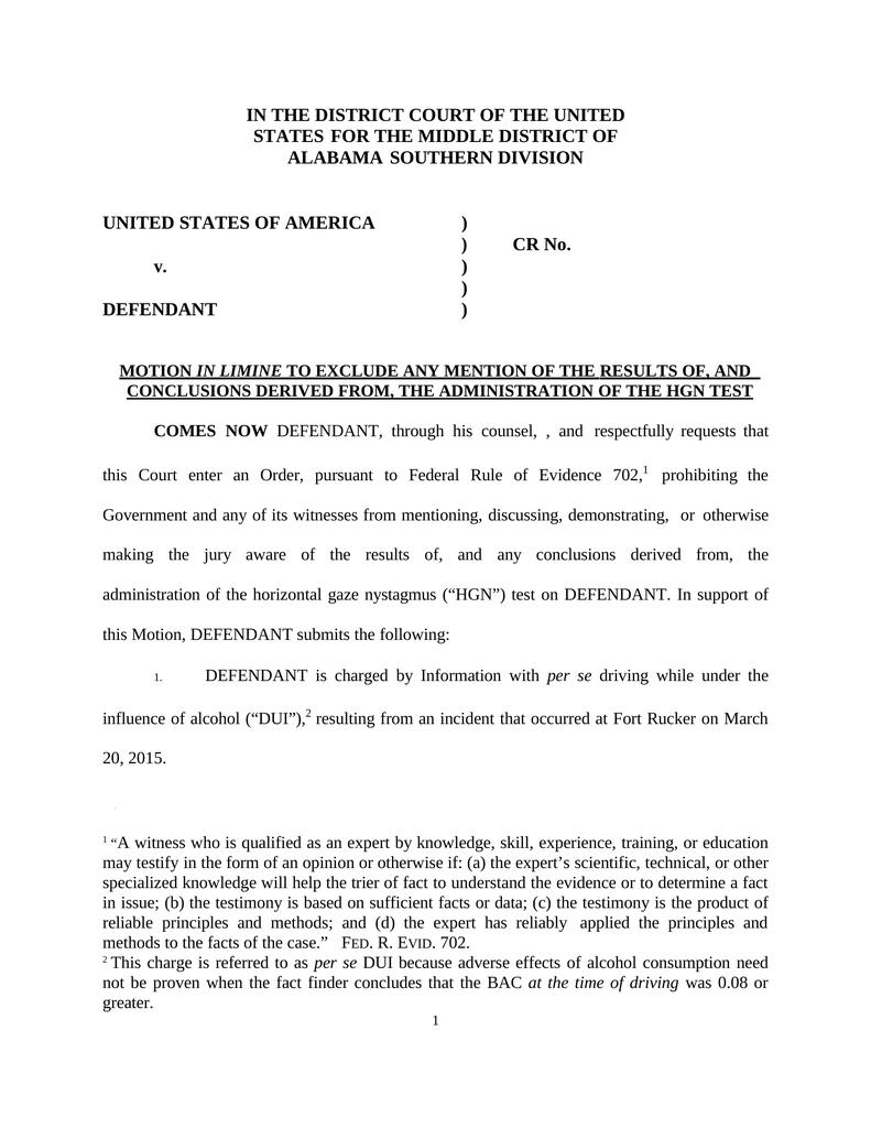 sample motion in limine to exclude testimony