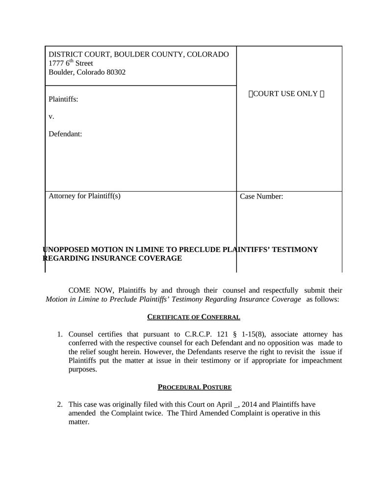 sample motion in limine to exclude testimony sample motion in limine to exclude testimony
