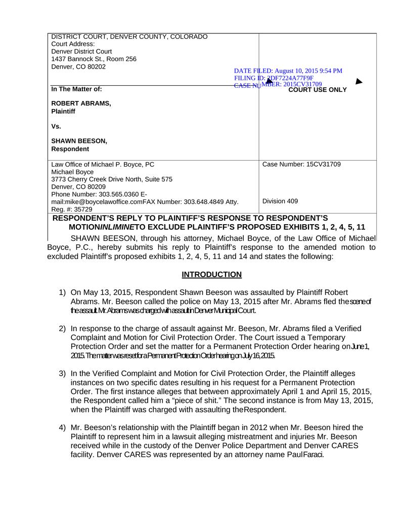 Respondents Reply To Plaintiffs Response to Respondents Motion in ...