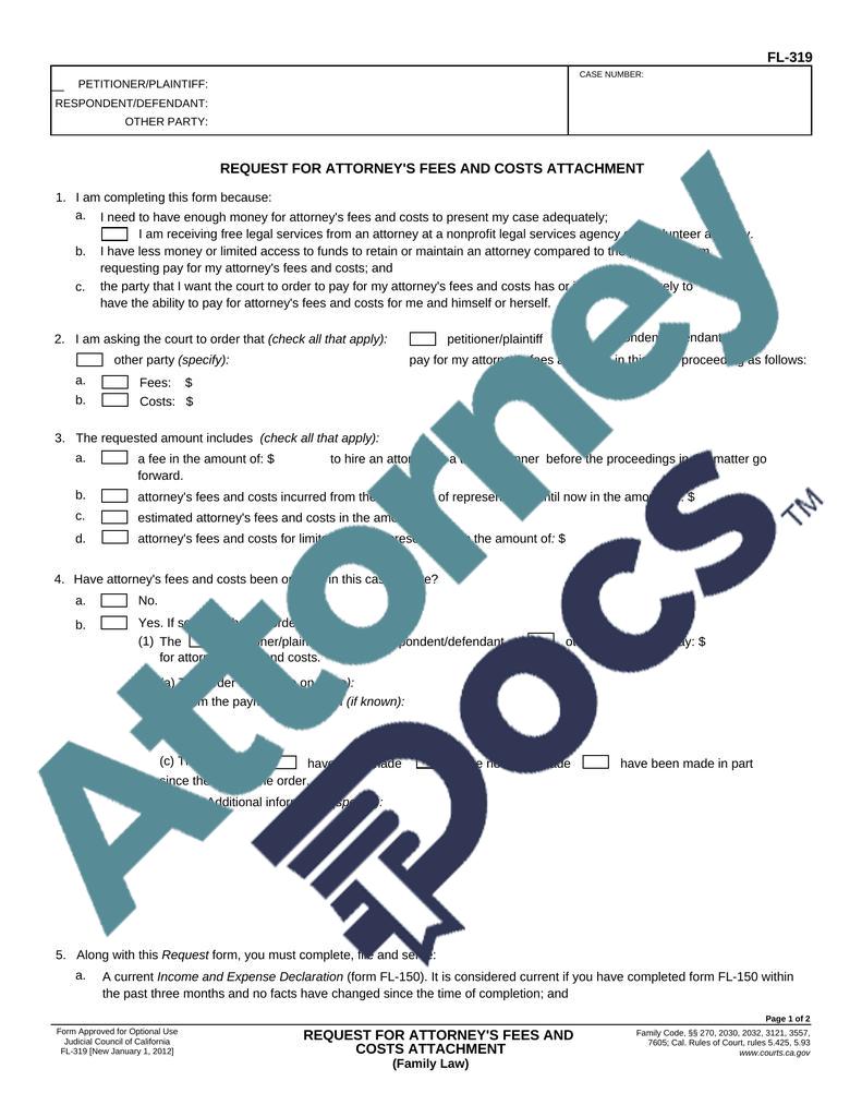 Request for Attorney #39 s Fees and Costs Attachment Attorney Docs