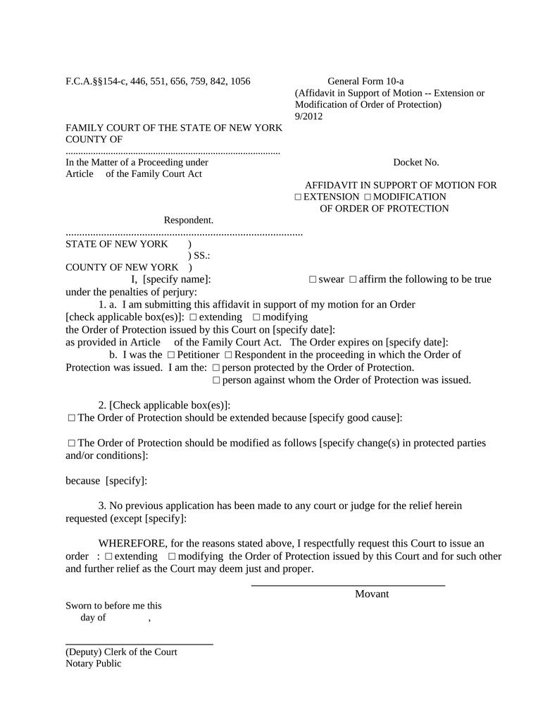 Affidavit in Support of Motion - Extension or Modification of Order of ...