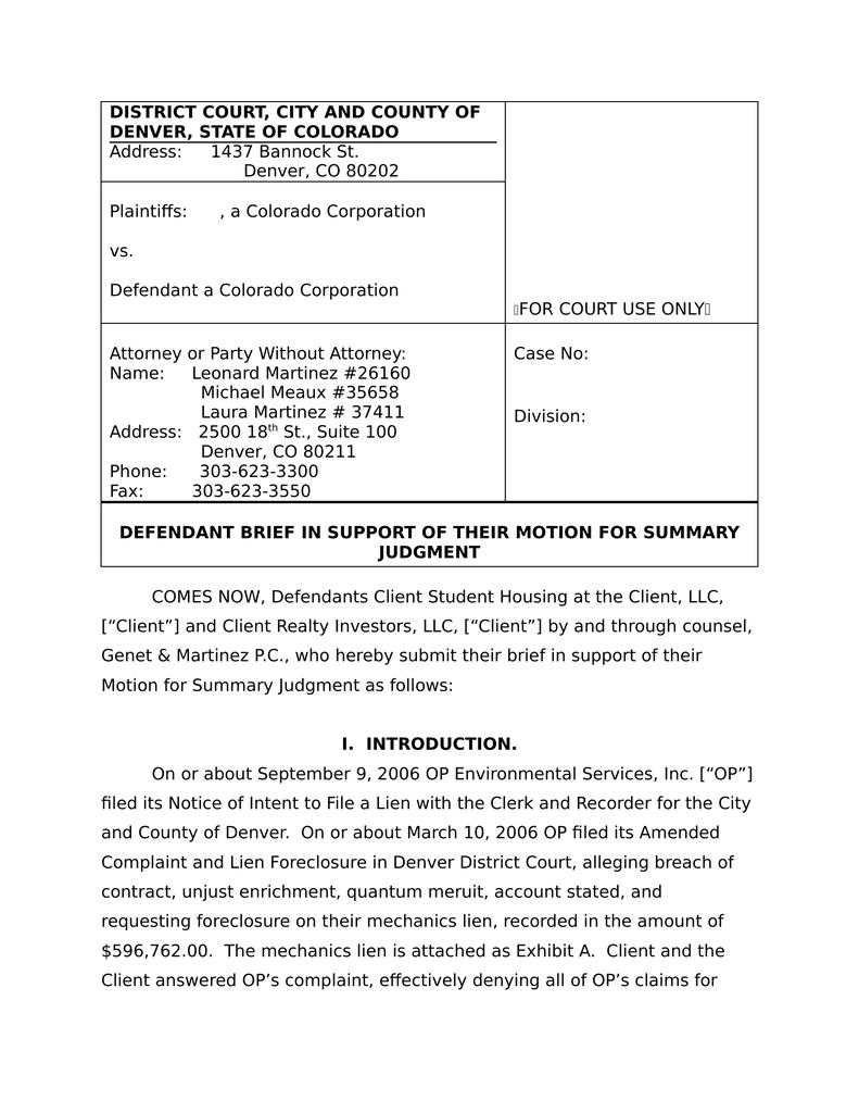 Defendant Rule 56 Motion For Summary Judgment (with Attached Brief ...