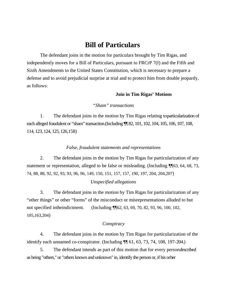 va law bill of particulars