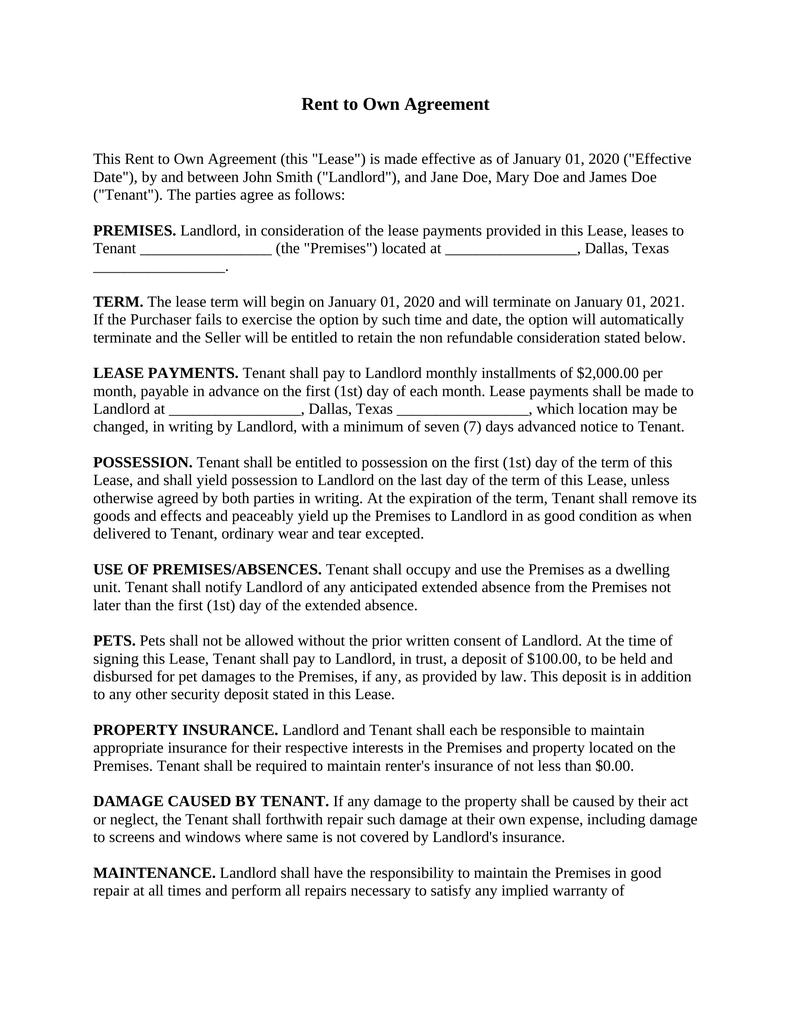 Rent to Own Agreement Landlord and Tenant Real Estate Texas Attorney Rent to Own Agreement Landlord and Tenant Real Estate Texas Attorney