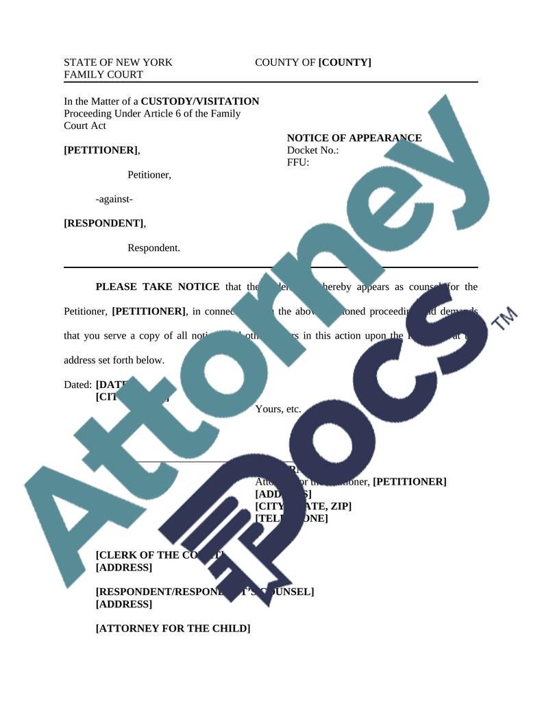 Notice of Appearance State of New York Family Courts Attorney Docs