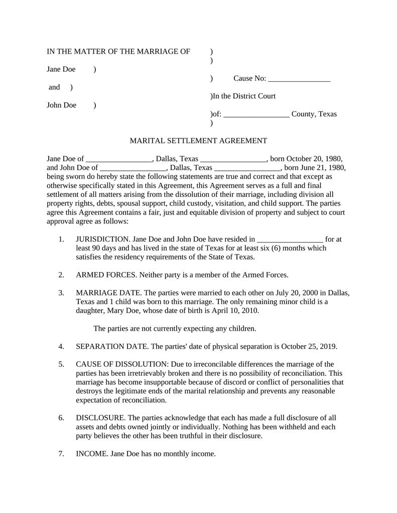 Divorce Settlement Agreement Texas Attorney Docs