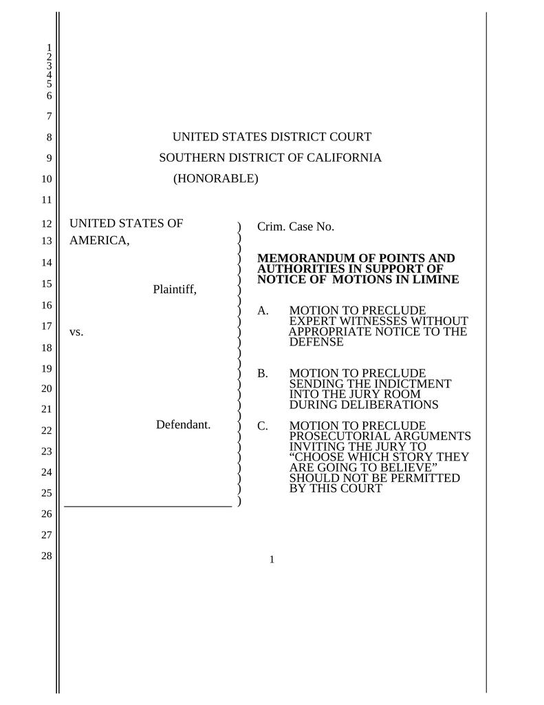 MEMORANDUM OF POINTS AND AUTHORITIES IN SUPPORT OF NOTICE OF MOTIONS IN
