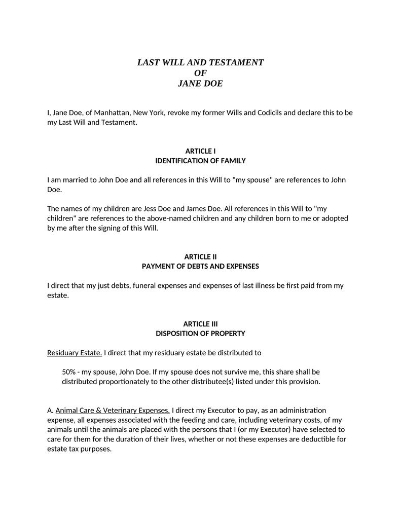 Last Will and Testament-New York - Attorney Docs