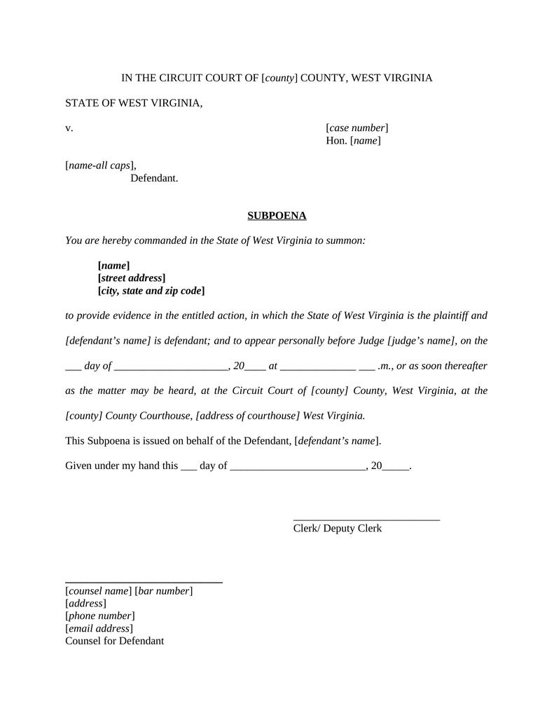 Subpoena West Virginia Legal Document Attorney Docs